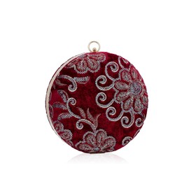 CORIOS Round Velvet Clutch Purses for Women Flower Evening Bag Vintage Handbag Bridal Wedding Purse Ladies Crossbody Bag Elegant Shoulder Bag for Wedding Banquet Prom Cocktail Party Red