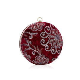CORIOS Round Velvet Clutch Purses for Women Flower Evening Bag Vintage Handbag Bridal Wedding Purse Ladies Crossbody Bag Elegant Shoulder Bag for Wedding Banquet Prom Cocktail Party Red