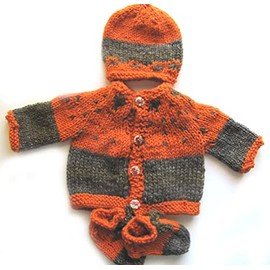 KSS Hand Knit Medium Weight Copper/Black Baby sweater Coat Set 6 Months SW-991