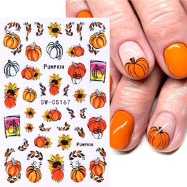 Fall Pumpkin Nail Stickers Autumn Maple Nail Art Stickers Thanksgiving Nail Decals Wheat Sunflower Nail Sticker Design Girls Women Nail Art Accessories for Thanksgiving Harvest Festival (pumkpin-03)