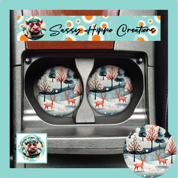 Handmade Car Coasters Christmas Deer Forest Winter Holiday Set of