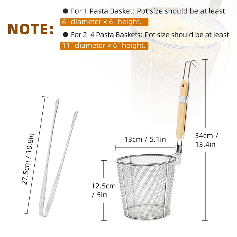 2 Pack Pasta Strainer Baskets with Wooden Handles & Cooking