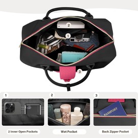 Large Leather Weekender Bags for Women, Travel Duffel Bag PU Overnight Bag Carry On Tote Bag with Shoe Compartment Wet Pocket and Toiletry Bag for Travel Business Women Men (Black Pink L)