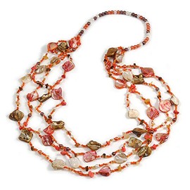 Avalaya Multistrand Sea Shell/Semiprecious Stone & Faux Pearl Long Necklace in Orange/Brown/Coral/96cm L