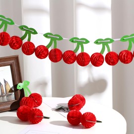 Humyoun 2 Pcs Cherry Garland Decoration 3D Tissue Paper Honeycomb Cherry DIY Fruit Hanging Garland Decorations for Bedroom Fireplace Birthday Party Favors, 13 ft in Total