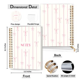 XUNLURY Coquette Pink Bow Notebook, Preppy Aesthetic Journal for Women, Girly Cute Journal, Coquette Girly Office Supplies, Preppy Ribbon Bow Hardcover Spiral Notebooks, 5.5x8.3 Inch