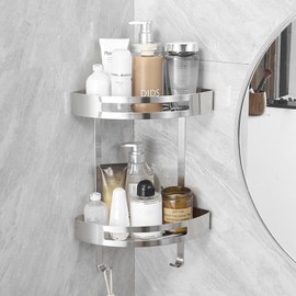 BWE Rustproof Corner Shower Shelf with Hooks(2 Pack) Stainless Steel Wall Mount Shower Corner Organizer Storage Shelves for Inside Shower Brushed Nickel Drilling Needed