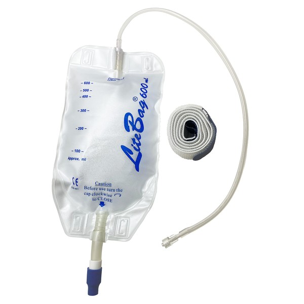 LiteBag Urine Drainage Bag, 600mL with Anti-Reflux Valve, 50cm Silicone Tube and Cloth Backing 1300/0061 (1)