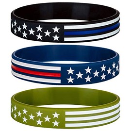 Sainstone American Flag Silicone Bracelets with Thin Blue Line American Flag Black, Red Line American Flag Blue and White Line American Flag Army Green for Patriots, Army, Men, Women (Unisex)