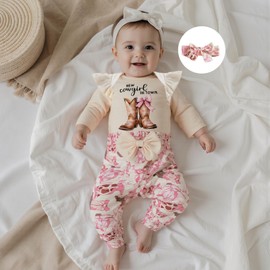 Baby Cowgirl Outfits Retro Ruffle Long Sleeve Bodysuit Cowgirl Boots/Pony Pants Headband Cute 3Pcs Country Western Fall Clothes First Rodeo Birthday Welcome Home (Beige, 3-6 Months)