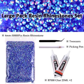 30000Pcs 4mm Blue AB Resin Flatback Rhinestone, Jelly Resin Non-Hotfix Rhinestones for Crafts DIY Design, Tumblers, Clothes, Makeup, Nail Art