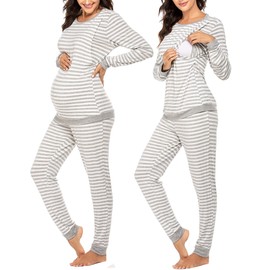 Ekouaer Nursing Pajama Set Striped Long Sleeve Maternity Sleepwear Labor Pjs Breastfeeding Thermal Underwear Clothes Light Gray Stripe Small