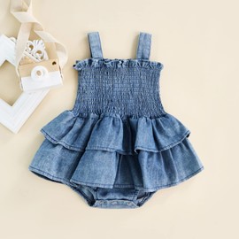 BULINGNA Newborn Baby Girl Outfits Sleeveless Bow Tie Up Front Smocked Bubble Romper Infant Denim Jumpsuit (Light Blue, 3-6 Months)