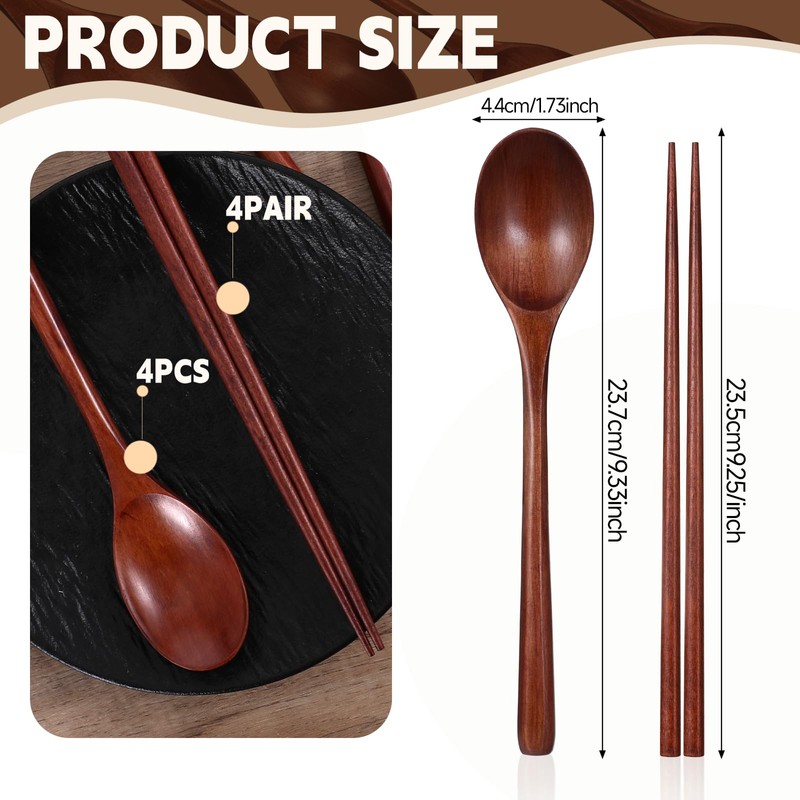 4 Pairs Chopsticks and 4 Spoons Set Wooden Chopsticks Spoon