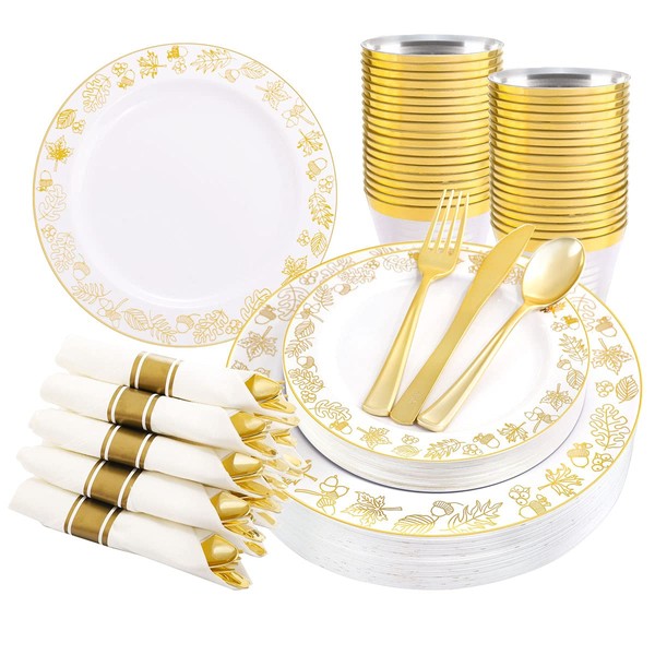 Hioasis 175PCS Thanksgiving Plastic Plates - White and Gold Disposable Plates Include 25Dinner Plates-25Dessert Plates-25Cups-25Forks-25Knives-25Spoons-25Napkins Perfect for Thanksgiving