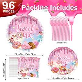 Decoraciones para el primer cumpleaños para niña, fiesta de donas, decoración de fiesta de cumpleaños, 96 piezas con temática de donas, suministros para fiesta de cumpleaños, juegos de platos y servilletas para baby shower, sirve 24 unidades