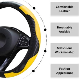 LMYDIDO Car Steering Wheel Cover Leather, Anti-slip Breathable Carbon Fiber Sports Elastic Band Without Inner Ring Steering Wheel Cover Universal Size 37-39cm /14.5-15 (Yellow)
