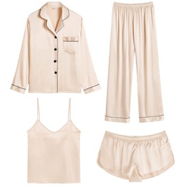 SWOMOG Women's Satin Pyjamas Long 4-Piece Silk Pyjamas Silk Pyjamas for Women Cami & Top Short Set Women Silky Pjs, champagne