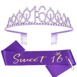 Casoty Purple 16th Birthday Sash and Tiara for Girls, Sweet 16 Party Decorations, Sweet 16 Sash and Tiara Set, 16th Birthday Decorations for Girls