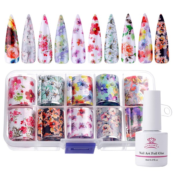 Makartt Nail Art Foil Glue Gel with Starry Sky Star Foil Stickers Set Nail Transfer Tips Manicure Art DIY 8ML, 10PCS (2.5cm100cm) Stickers, Natural Flower Nail Foil Stickers UV LED Lamp Required P-72