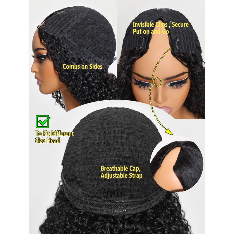 Sunber Curly V Part Human Hair Wigs Upgraded U Part