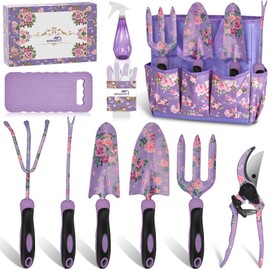 Gardening Tools, WisaKey 10 Piece Heavy Duty Purple Garden Tool Set Durable Garden Supplies Organizer Bag Garden Hand Tools Gardening for Women Grandmother Granny White Elephant Gifts