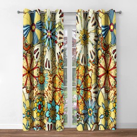 Jekeno Boho Floral Blackout Curtains, Vintage Colorful Flowers Bohemian Print Decor Darkening Grommet Window Drapes for Home Bedroom Living Room, 42 Wide 54 Long Inches 2 Panel Set