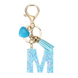 PATIKIL Alphabet Initial Letter Keychain, Resin Cute Keychains with Tassel Heart Letter m Pendant Charm for Women Key Purse Handbag Bag Accessories, Blue