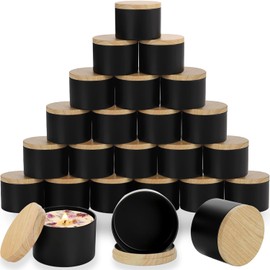 ABK 24PCS 4oz Black Candle Tins With Wood Grain Lids, Matte Jars for Candle Making, Empty Metal Container
