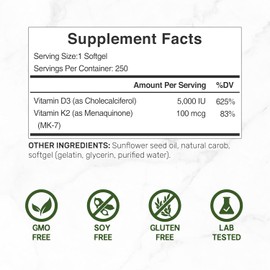 DEAL SUPPLEMENT Vitamin D3 5,000 IU + K2 MK7 Softgels, 250 Count | 2-in-1 Complex | Easy to Swallow