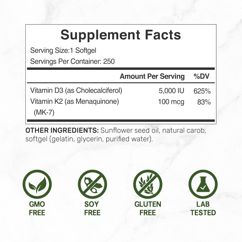 DEAL SUPPLEMENT Vitamin D3 5,000 IU + K2 MK7 Softgels,