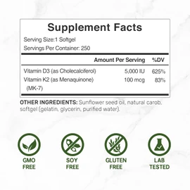 DEAL SUPPLEMENT Vitamin D3 5,000 IU + K2 MK7 Softgels, 250 Count | 2-in-1 Complex | Easy to Swallow