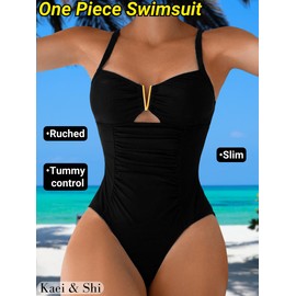 Kaei&Shi One Piece Swimsuit Women Tummy Control,Metal Piece V Wire Bathing Suit,Ruched Corset Cheeky Swimsuits Beach Pool V Metal Black Small