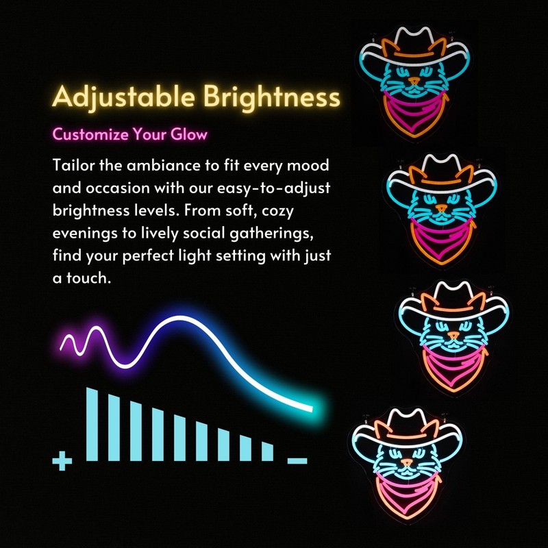 Cowboy Cat Neon Sign - Adjustable Dimmable LED Neon Light,