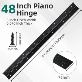 Piano Hinge 48 Inch x 3 Inch, 0.060'' Thick 304 Stainless Steel with Holes Electroplated Black Piano Hinge for Heavy Duty Door, Cabinet, Wooden Box, Furniture, Metal Plate