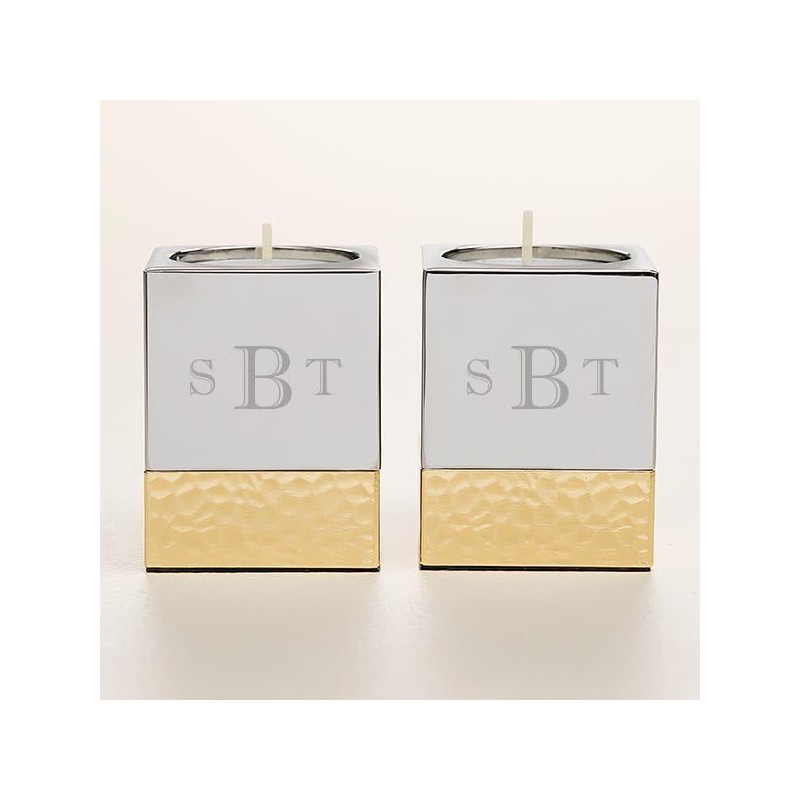 Personalization Universe Monogram Engraved Silver & Gold Hammered Metal Candle