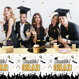 CMUSKO Graduation Tablecloths, 3 Pcs Graduation Party Decorations Rectangular Tablecloth, Congrats Grad Graduation Party Tablecover Decorations for Class of 2024 (White and Gold)
