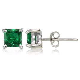 Sterling Silver Created Emerald 5mm Square Stud Earrings