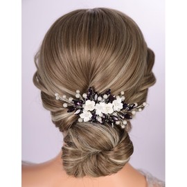 Teyglen Wedding Flower Crystal Hair Comb Silver Purple Rhinestone Bridal Side Comb White Flower Headpiece for Bride Wedding Party Prom Hair Accessory for Women(Silver-Purple)