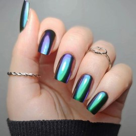 Qsnidy Press on Nails Square - Magic Chameleon Green Chrome Fake Nails Medium Acrylic Full Cover Glue on Nails in 12 Sizes - 24 Piece Nail Kit，Natural Fit for Women & Girls Daily Wear