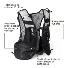 Silva Black Running Vest with Water Bottles - Strive Light 5 or 10 Litres Pack Volume - Lightweight Running Backpack for Men and Women - Two 240 ml Soft Flasks Included - Trail Running Vest