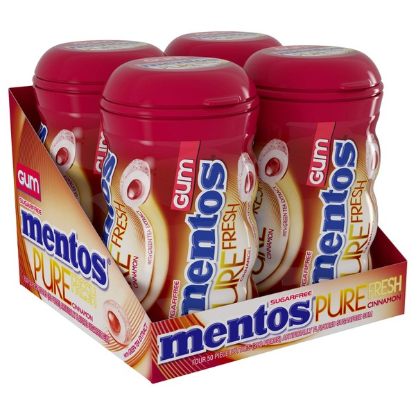 Mentos Pure Fresh Sugar-Free Chewing Gum with Xylitol, Cinnamon, Halloween Candy, Bulk, 50 Piece Bottle (Pack of 4)