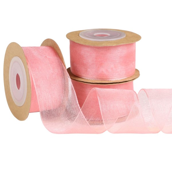 RIBBOOO 3 Rolls Pink Organza Sheer Ribbon 1 inch Sheer