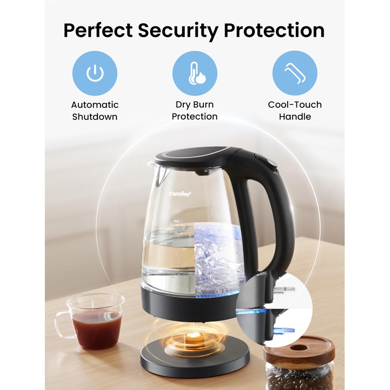 COMFEE' Electric Kettle, 1.7L Hot Water Boiler, 1500W Fast Boil,