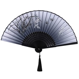 Yukiyi Hand Fan for Women Foldable Bamboo Fan with Tassel Silk Fabric Wall Decoration Wedding Party (Black/White)