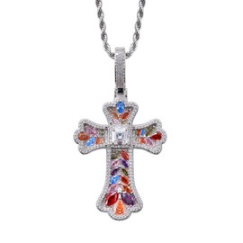 LuxeFlex Gothic Colorful Iced Out Cross Pendant with 20" Stainless Steel Rope Chain, Heavyweight Oversized Design, 14K Gold Plated, 5A CZ Stones, Hip-Hop Religious Jewelry for Men & Women (White Gold-Colorful)