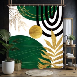 Miyotaa Abstract Emerald Green Gold Shower Curtain Set 60Wx71H Inches Minimalist Aesthetic Modern Contemporary Geometric Plant Leaves Polyester Waterproof Bathroom Curtain with 12 Hooks
