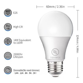 TORANKOS Dimmable Bulb No Dimmer Required, 14W 8W 2W A19 LED Dimmable Light Bulbs, 4000K, E26 Base, 2 Pack