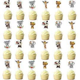 Fenghu 48 Pcs Wild One Cupcake Toppers Floral Jungle Animals Cupcake Toppers Two Wild Cupcake Toppers Safari Animal Birthday Party Decorations for Girl