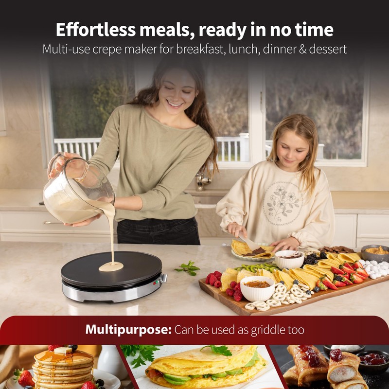 Gourmia 12” Crepe Maker – Nonstick Electric Griddle for Pancakes,